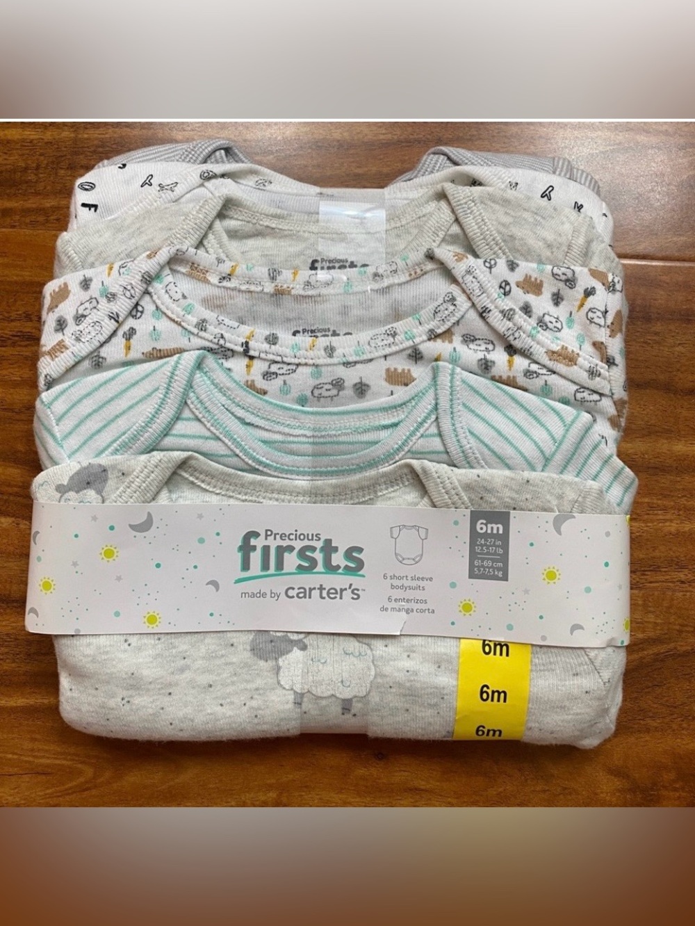 NWT Carter's Baby Gray Green Sheep Stripes Short Sleeve Set of 6 Onesies Size 6M